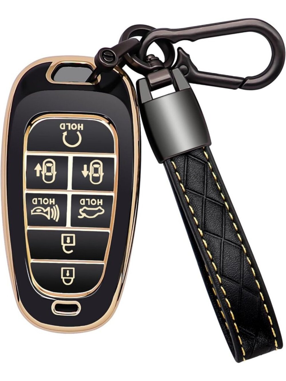 Leather Key Fob Cover for 7 Button Car Keys - Soft TPU 360° Protection, Black